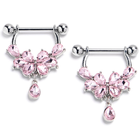 14G 9/16 Pink Gem Baroque Flower Bloom Dangle Nipple Ring Set