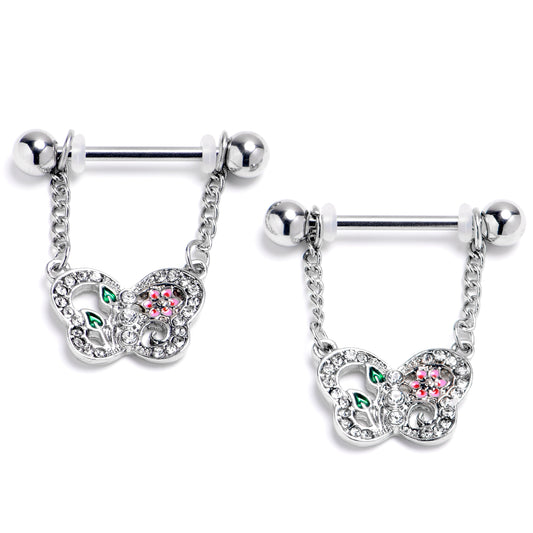 14G 9/16 Clear Gem Floral Butterfly Style Dangle Nipple Ring Set