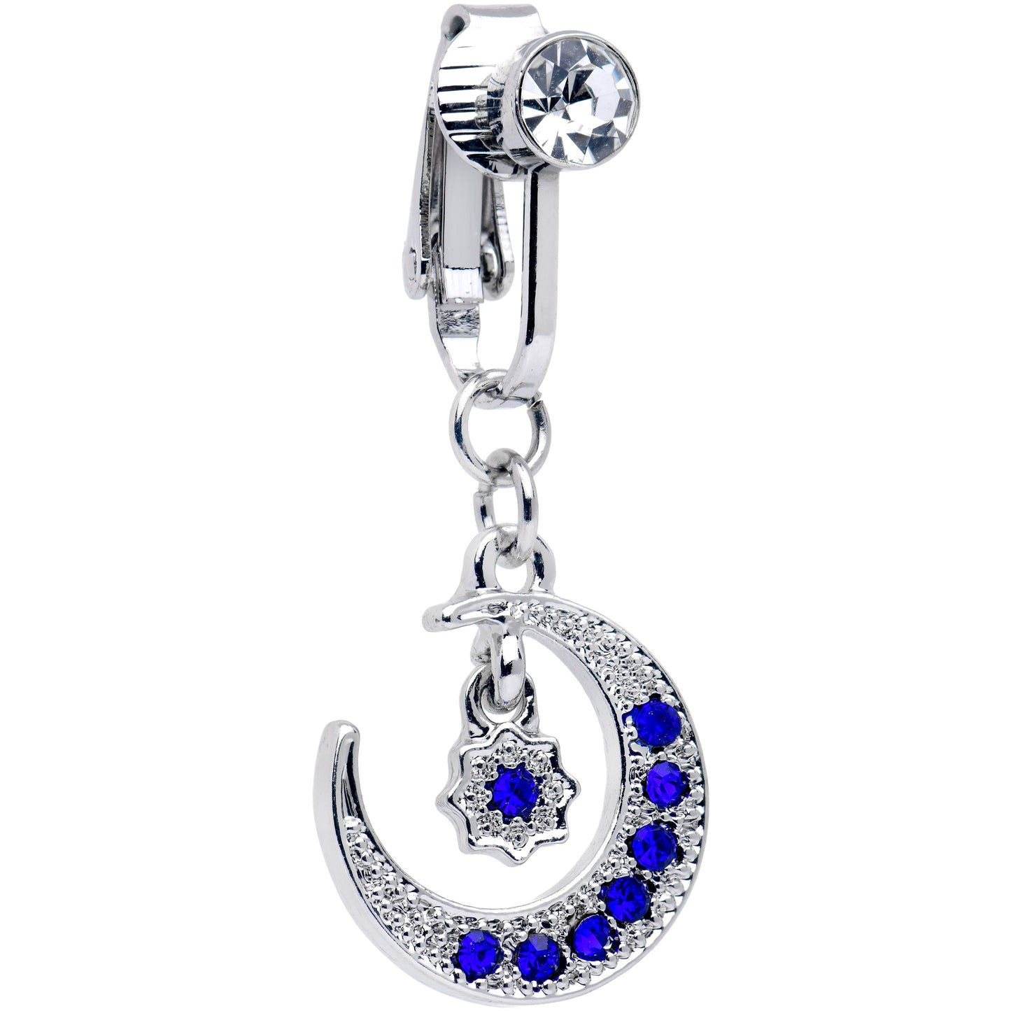 Blue CZ Gem Moon And Star Dangle Clip on Fake Belly Ring