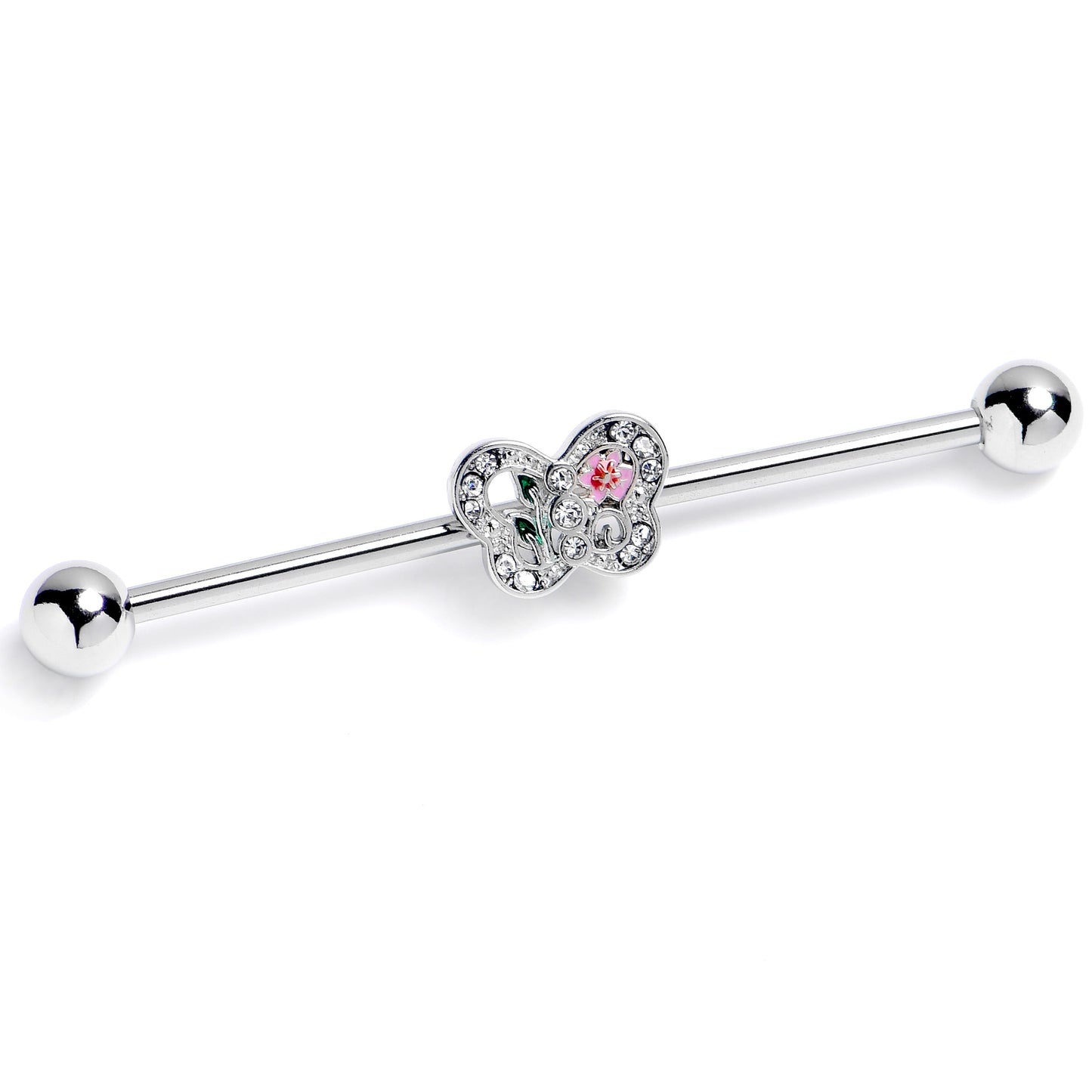 14G Clear Pink Gem Floral Butterfly Industrial Barbell 38mm