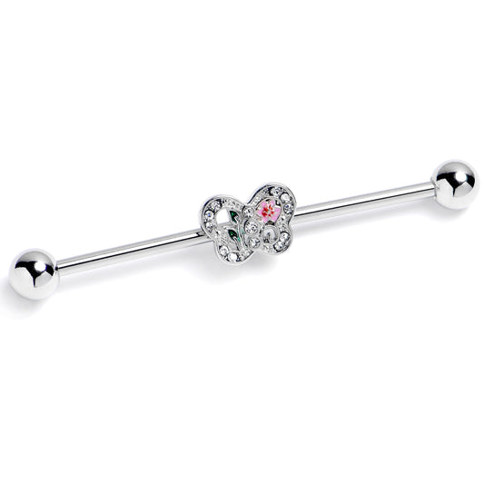 14G Clear Pink Gem Floral Butterfly Industrial Barbell 38mm
