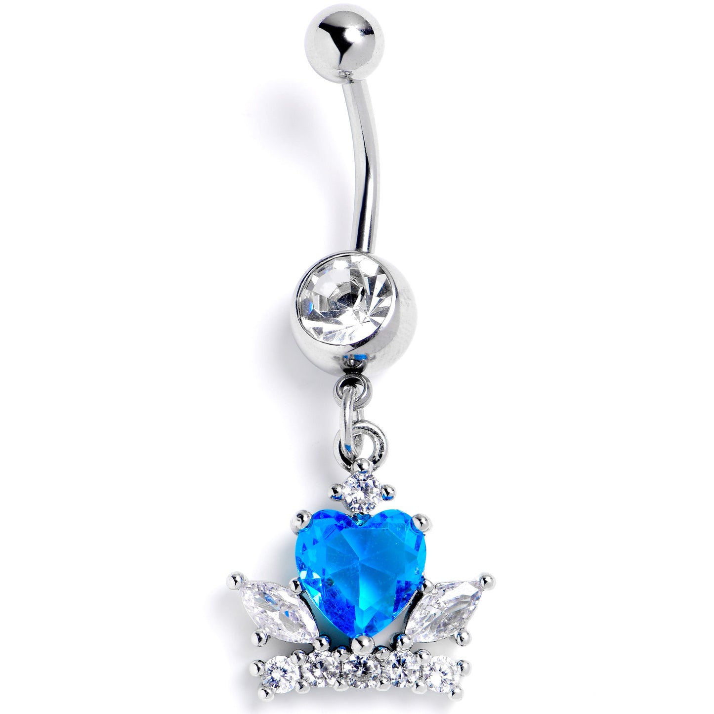 Clear Blue CZ Gem Heart Crown Dangle Belly Ring