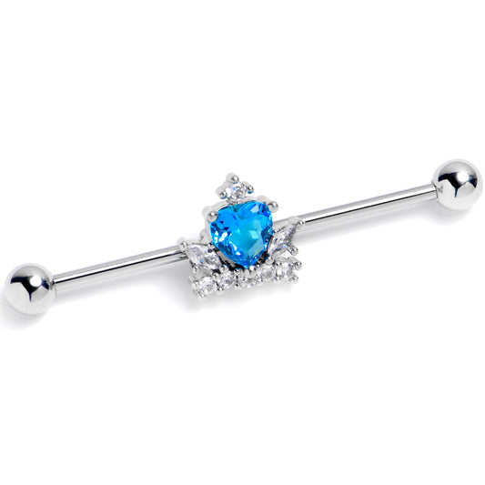 14G Blue Clear Gem Heart Crown Industrial Barbell 38mm