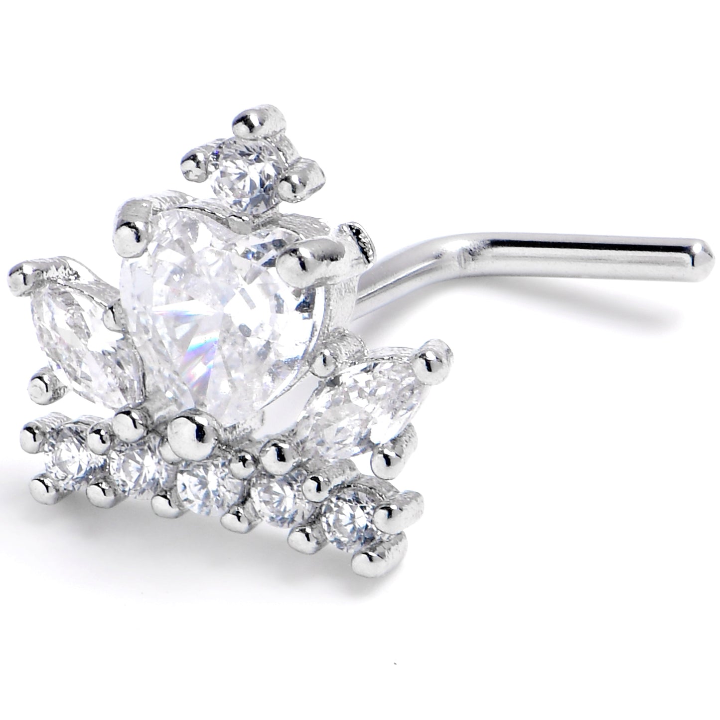 20G 7mm Clear CZ Gem Heart Crown L Shape Nose Ring