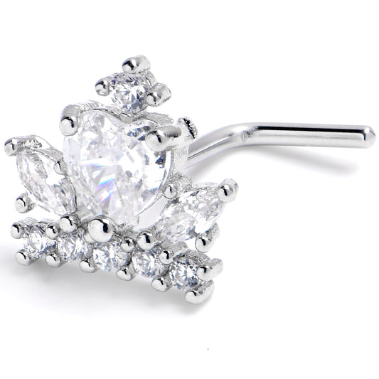 20G 7mm Clear CZ Gem Heart Crown L Shape Nose Ring