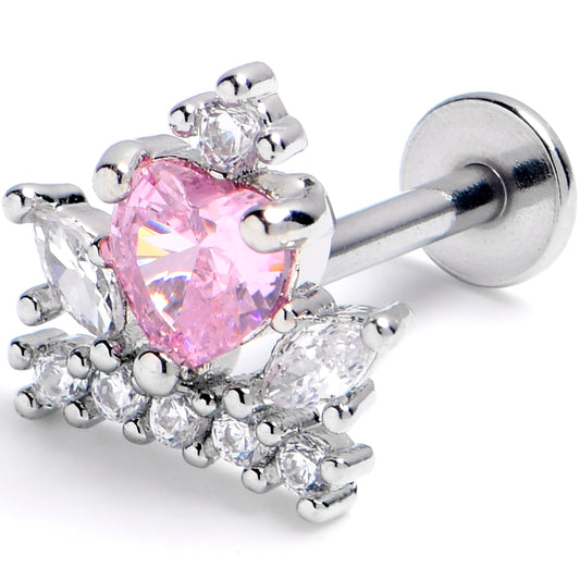 16G 5/16 Pink Clear Gem Heart Crown Labret Monroe Tragus