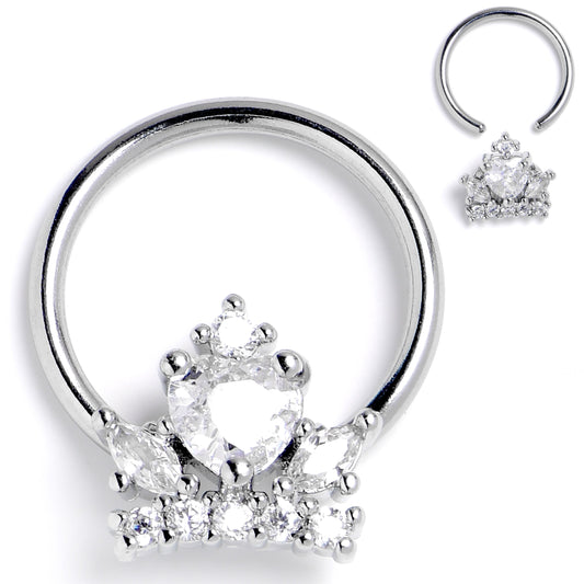 16G 3/8 Clear CZ Gem Crown Heart BCR Captive Ring