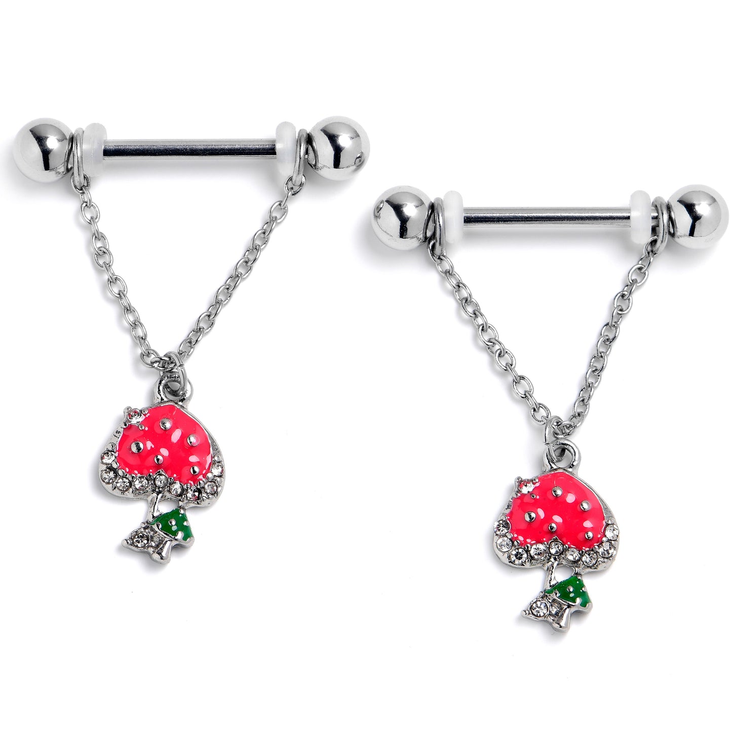 14G 9/16 Clear Gem Glamour Shroom Chain Dangle Nipple Ring Set