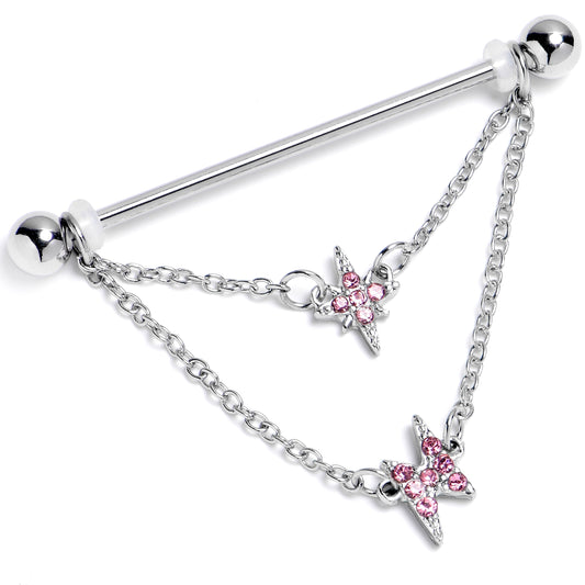 14G Pink Gem Starry Lightning Chain Dangle Industrial Barbell 38mm