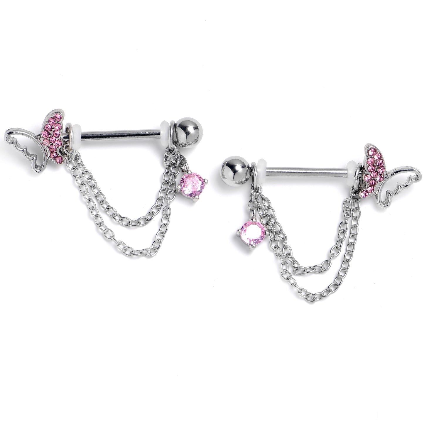 14G 9/16 Pink Gem Butterfly White Dangle Nipple Ring Set