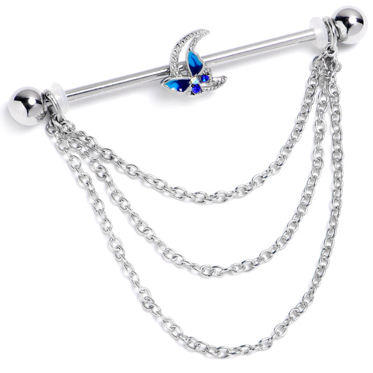 14G Aurora Gem Butterfly Blue Beauty Dangle Industrial Barbell 38mm