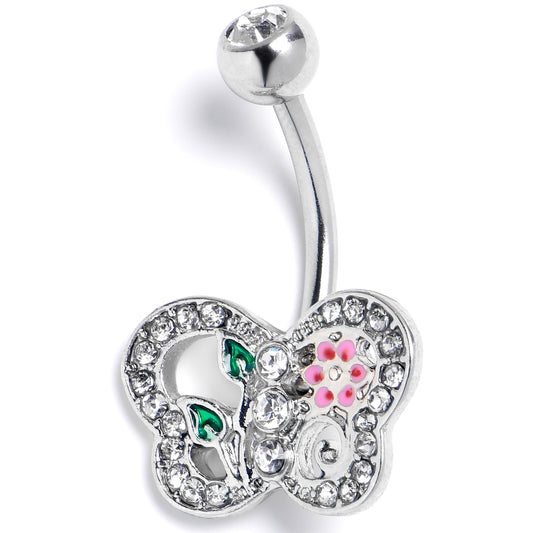 Clear Pink Gem Floral Butterfly Belly Ring