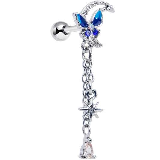 16G 1/4 Clear Gem Butterfly Blue Beauty Dangle Cartilage Earring