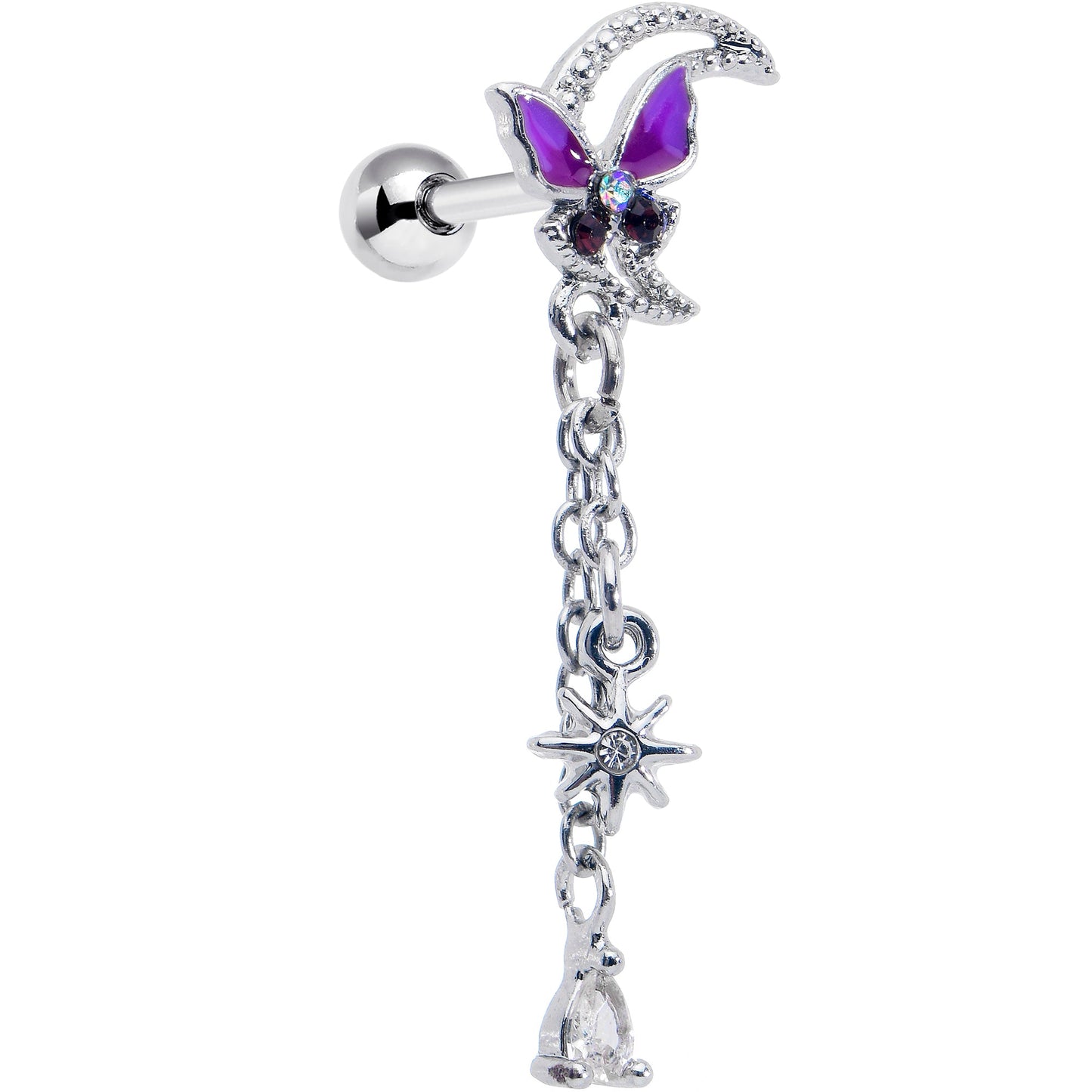 16G 1/4 Clear Gem Butterfly Purple Beauty Dangle Cartilage Earring