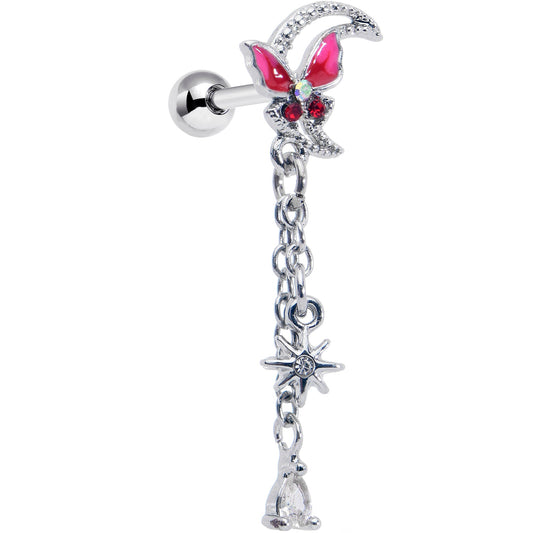 16G 1/4 Clear Gem Butterfly Pink Beauty Dangle Cartilage Earring