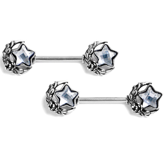 14G 9/16 Clear Gem Ornate Moon Star Barbell Nipple Ring Set