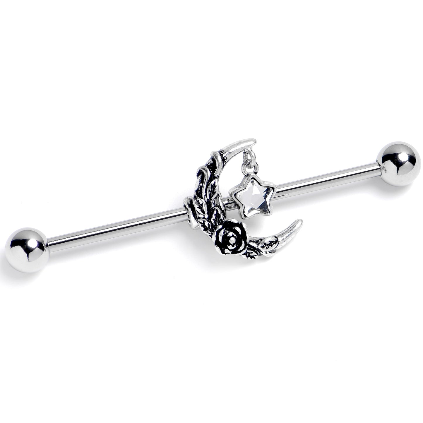 14G Clear Gem Ornate Moon Star Industrial Barbell 38mm