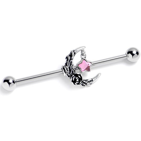 14G Pink Gem Ornate Moon Star Industrial Barbell 38mm