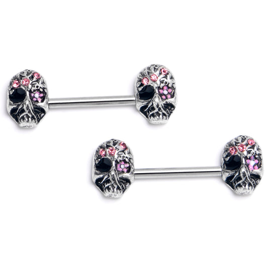 14G 9/16 Pink Black CZ Gem Stylish Skull Barbell Nipple Ring Set