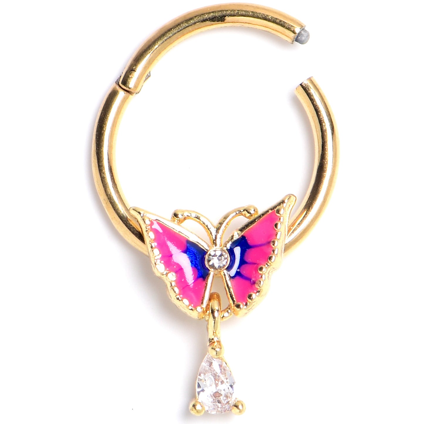 16G 3/8 Clear Gem Gold Tone Butterfly Pink Hinged Segment Ring