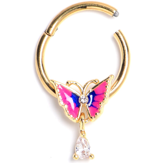 16G 3/8 Clear Gem Gold Tone Butterfly Pink Hinged Segment Ring