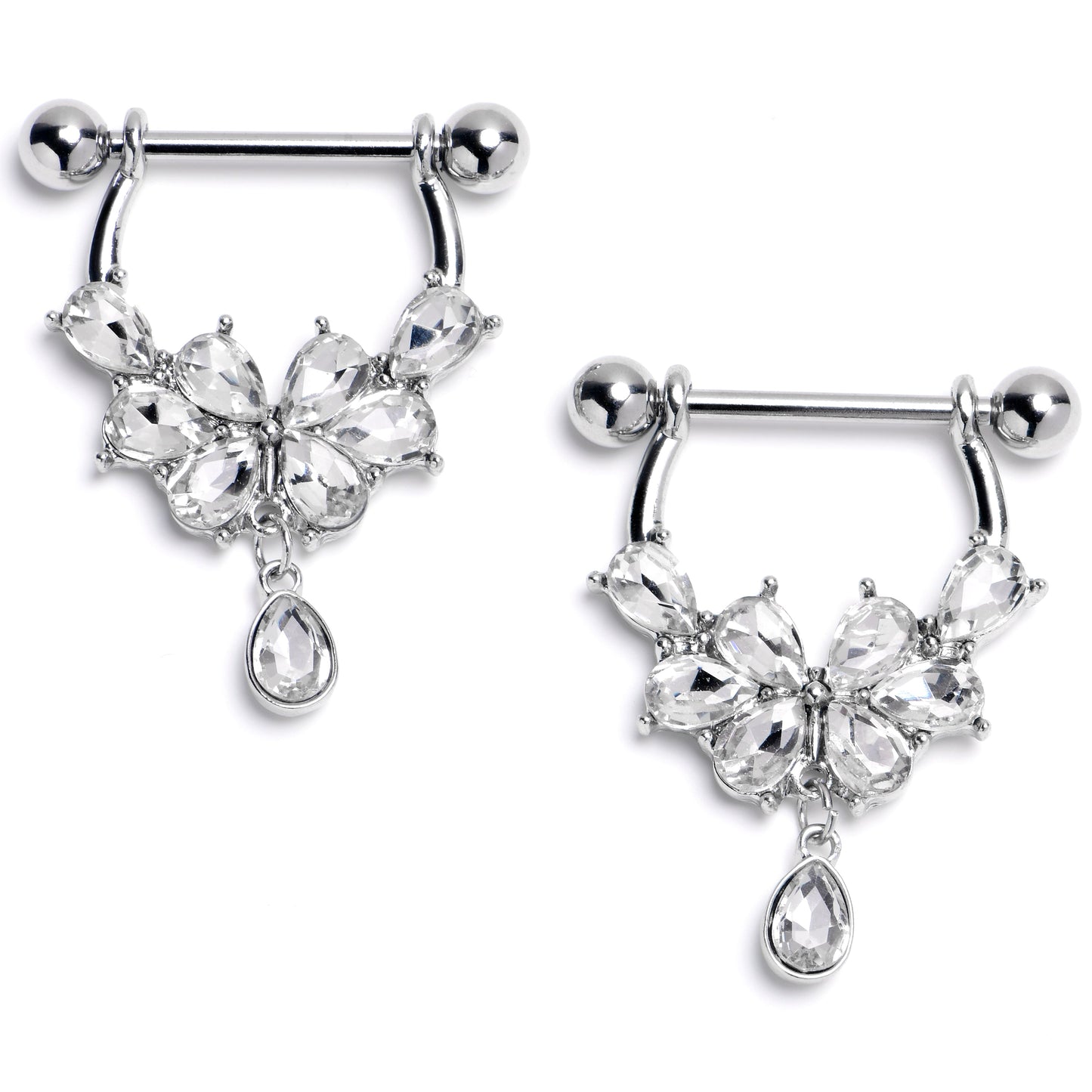 14G 9/16 Clear Gem Baroque Flower Bloom Dangle Nipple Ring Set