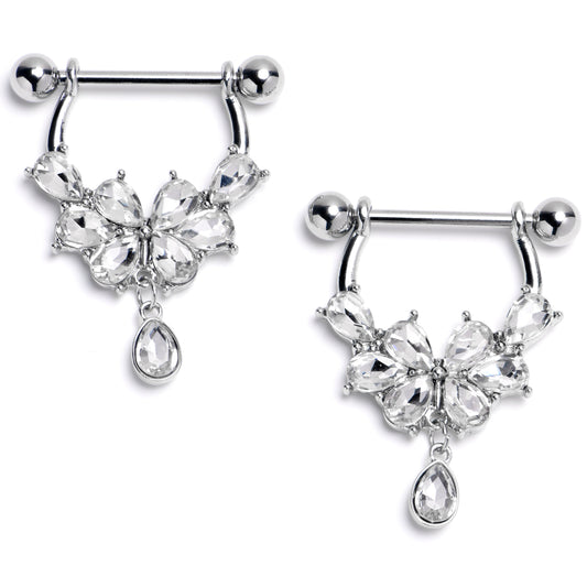 14G 9/16 Clear Gem Baroque Flower Bloom Dangle Nipple Ring Set