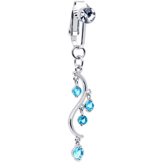 Blue CZ Gem Swirl Dangle Clip on Fake Belly Ring