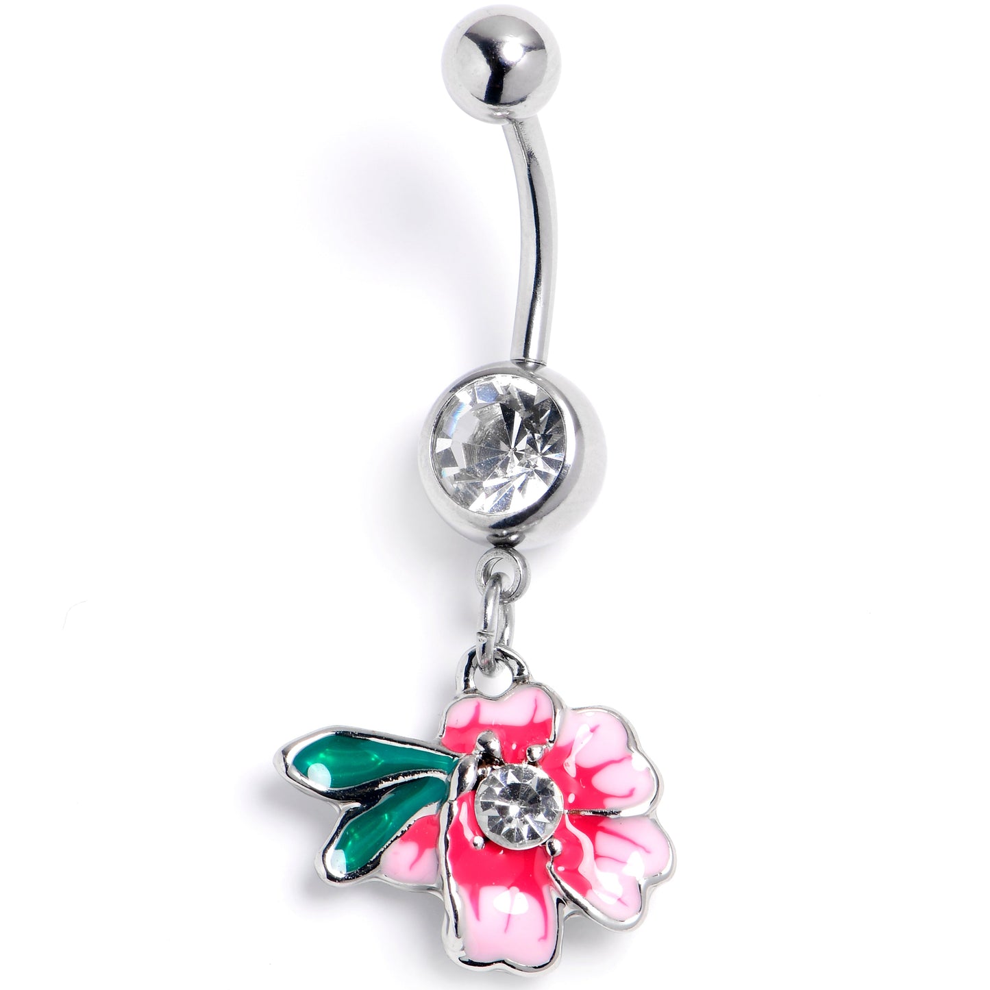 Clear Gem Faerie Flower Pink Dangle Belly Ring