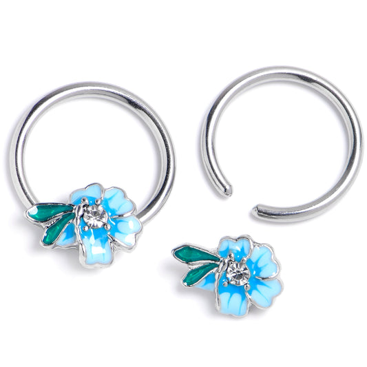 14G 9/16 Clear Gem Faerie Flower Blue BCR Captive Ring Set