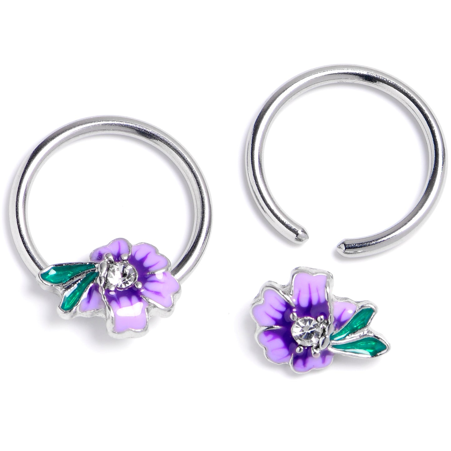 14G 9/16 Clear Gem Faerie Flower Purple BCR Captive Ring Set