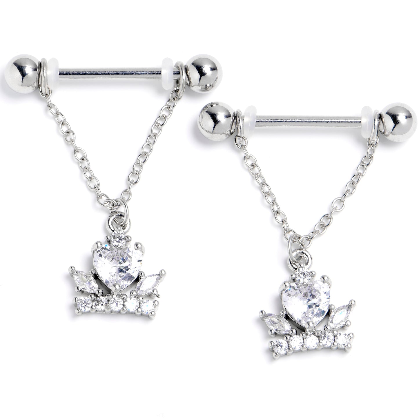14G 9/16 Clear CZ Gem Crown Heart Dangle Nipple Ring Set