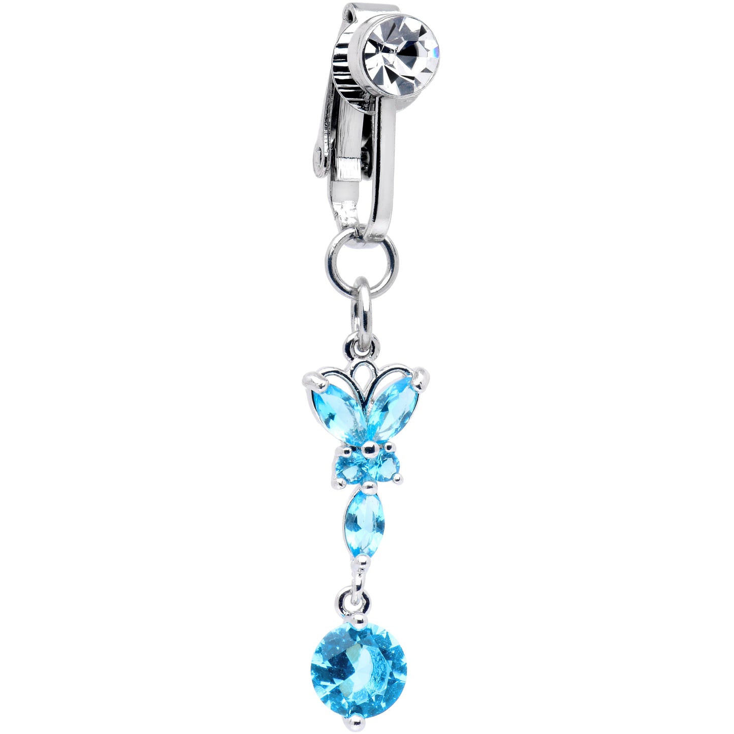 Blue CZ Gem Butterfly Baroque Drop Dangle Clip on Fake Belly Ring
