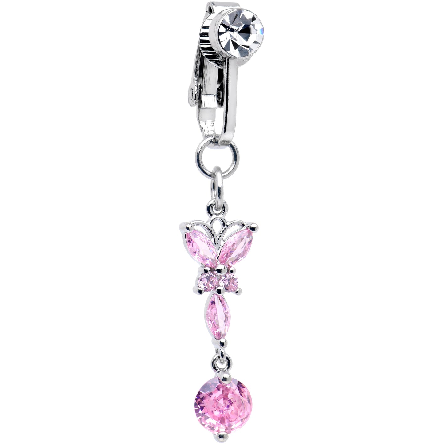 Pink CZ Gem Butterfly Baroque Drop Dangle Clip on Fake Belly Ring