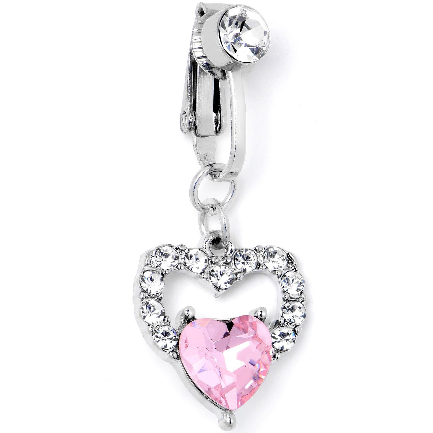 Clear Pink CZ Gem Double Heart Fake Clip On Belly Ring