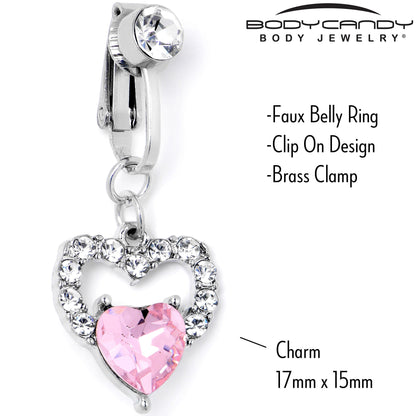 Clear Pink CZ Gem Double Heart Fake Clip On Belly Ring