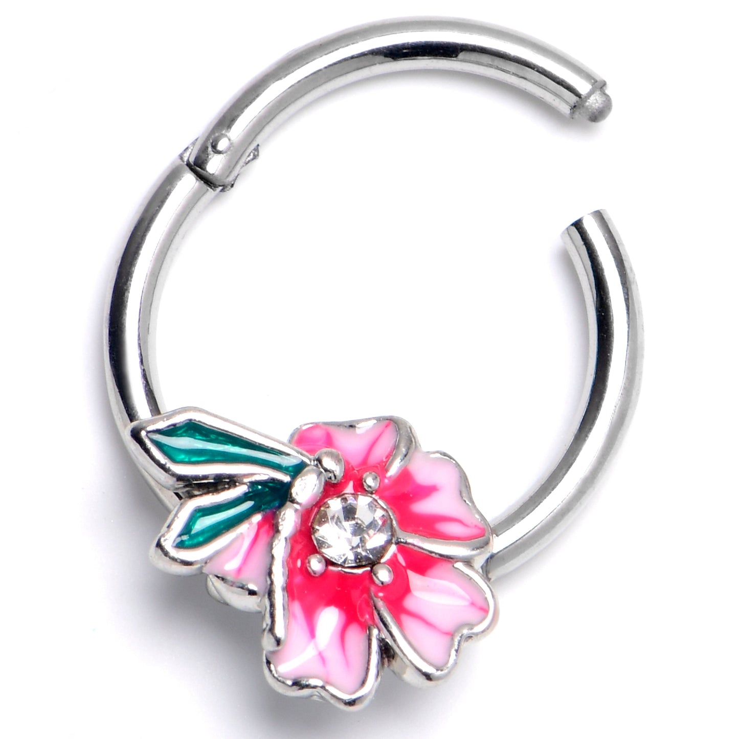 16G 3/8 Clear Gem Flower Pink Beauty Hinged Segment Ring