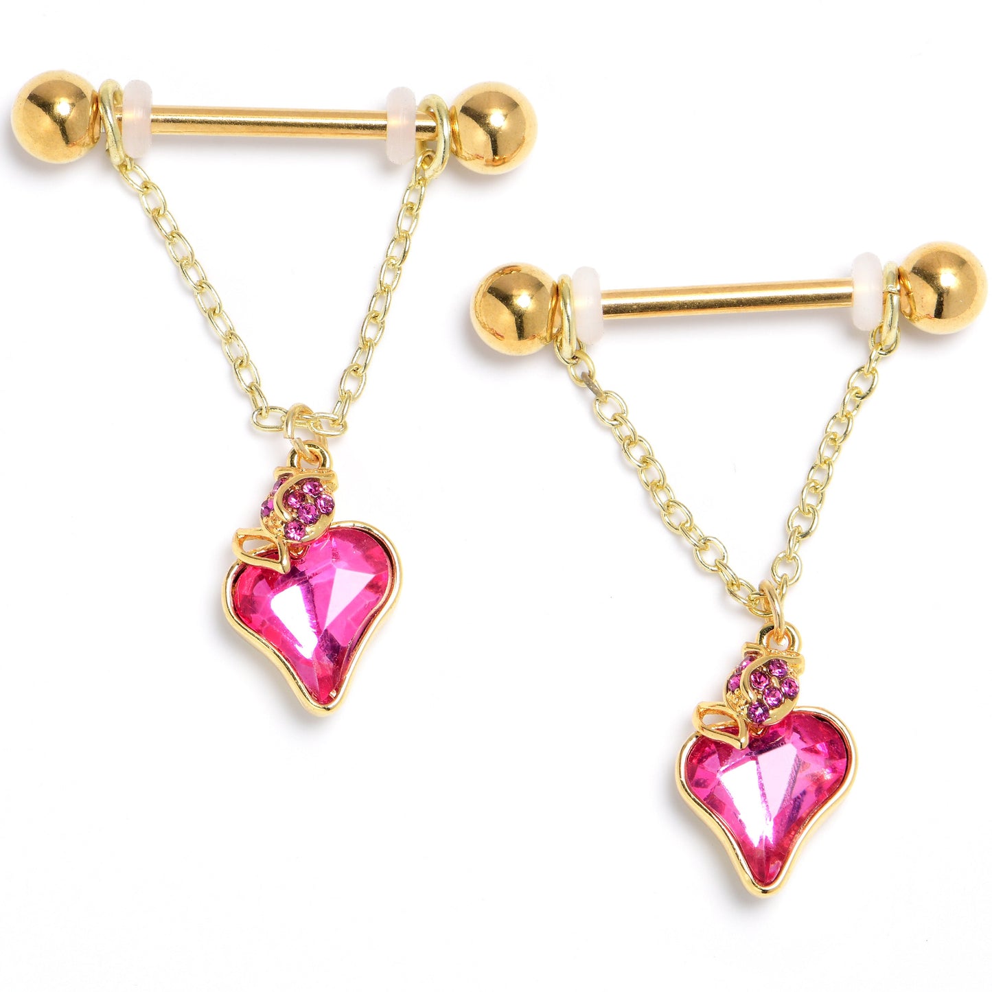 14G 9/16 Pink Gem Gold Tone Strawberry Love Dangle Nipple Ring Set