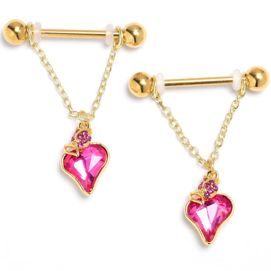 14G 9/16 Pink Gem Gold Tone Strawberry Love Dangle Nipple Ring Set