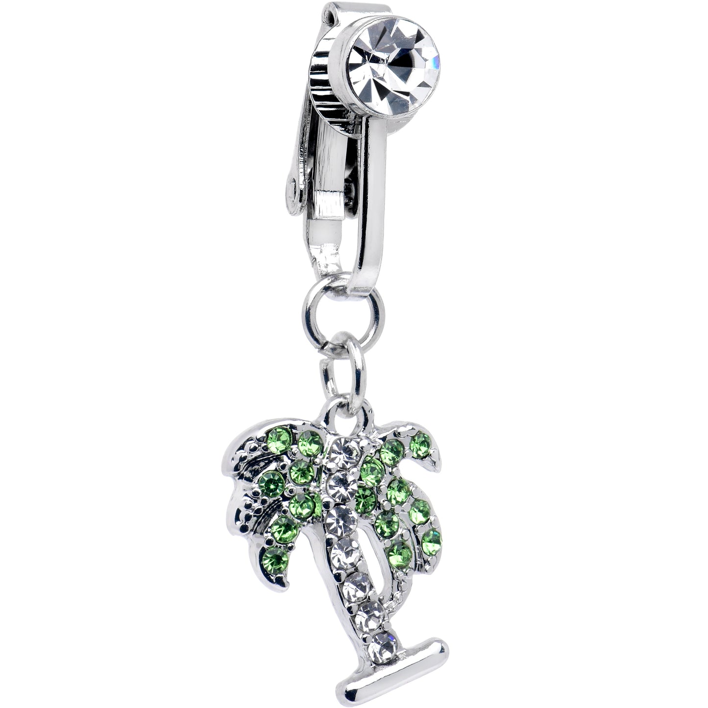 Green Clear CZ Gem Balmy Palm Tree Dangle Clip on Fake Belly Ring
