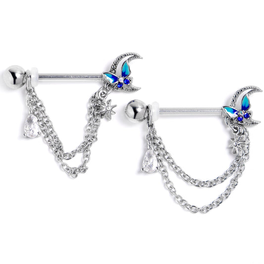 14G 9/16 Clear CZ Gem Butterfly Blue Beauty Dangle Nipple Ring Set