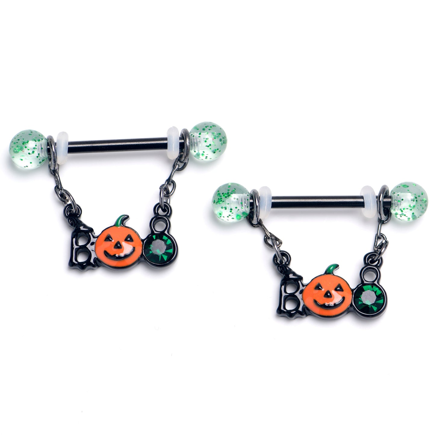 14G 9/16 Green Gem Black Boo Halloween Dangle Nipple Ring Set