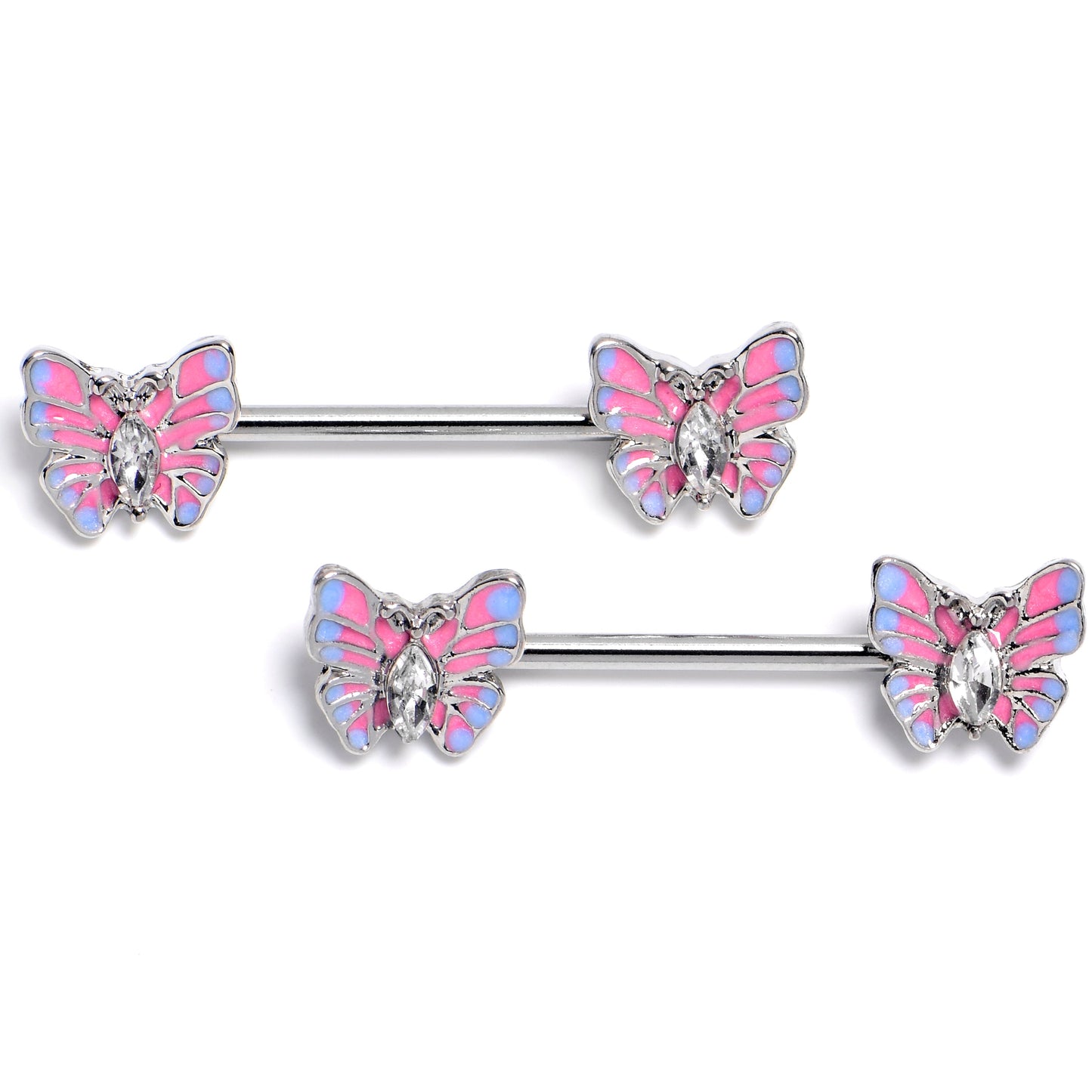 14G 9/16 Clear Gem Pastel Pretty Butterfly Barbell Nipple Ring Set