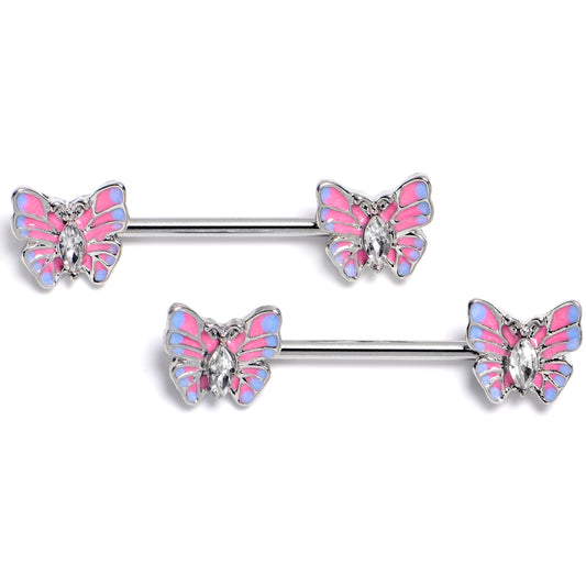 14G 9/16 Clear Gem Pastel Pretty Butterfly Barbell Nipple Ring Set