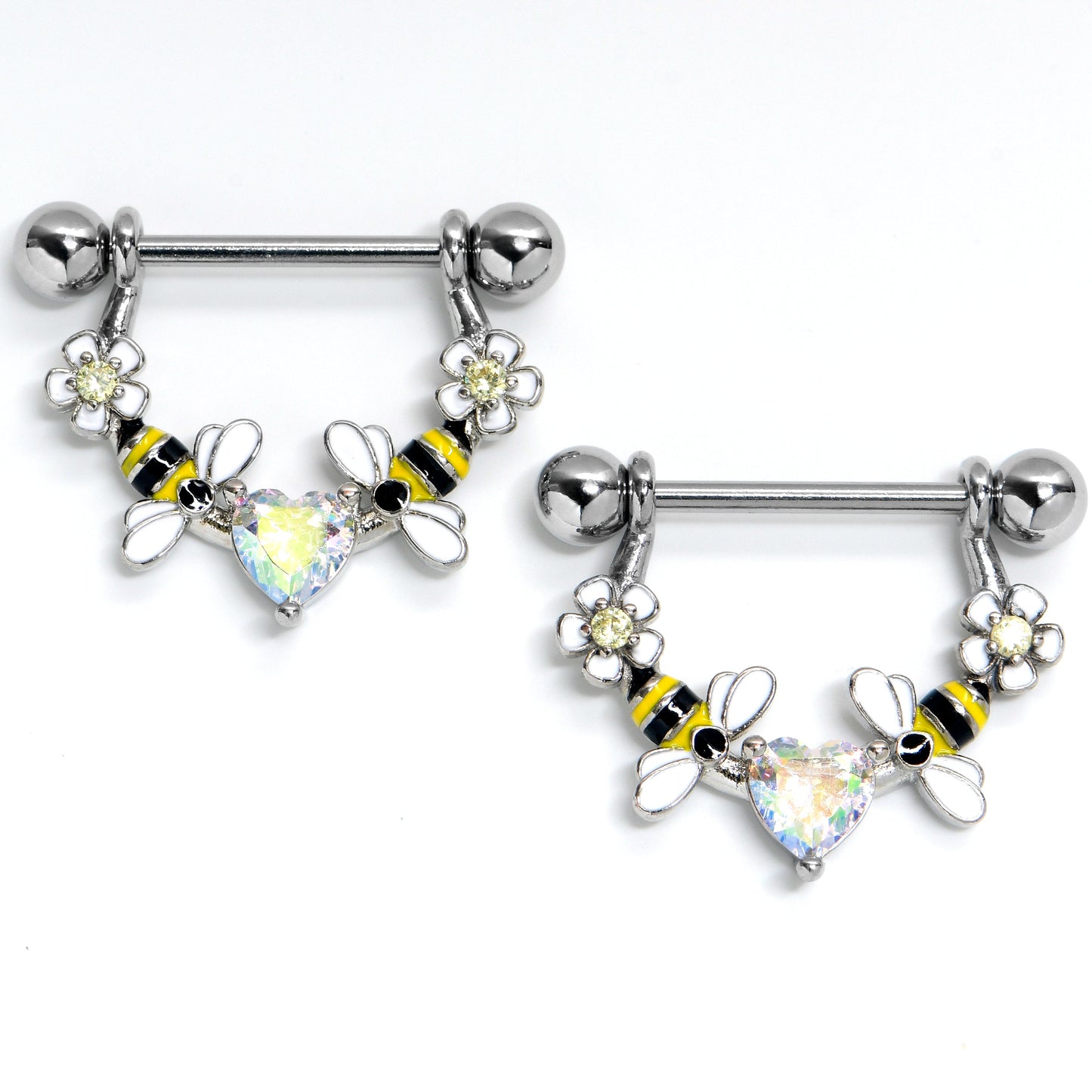 14G 9/16 Aurora Gem Heart Bees Flowers Dangle Nipple Ring Set