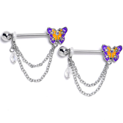 14G 9/16 Clear Gem Purple Yellow Butterfly Dangle Nipple Ring Set