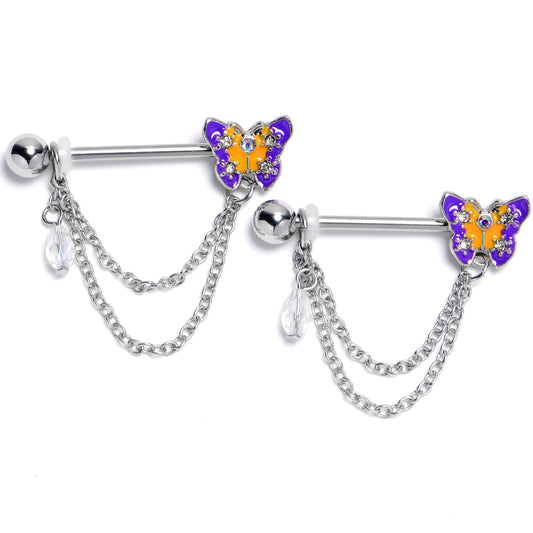 14G 9/16 Clear Gem Purple Yellow Butterfly Dangle Nipple Ring Set