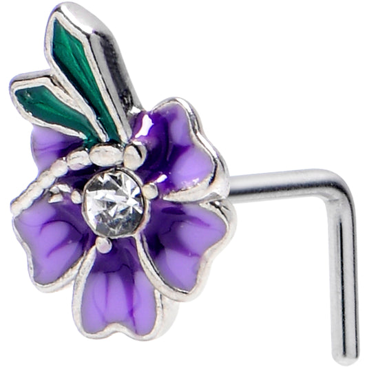 20G 1/4 Clear Gem Faerie Flower Purple L Shape Nose Ring