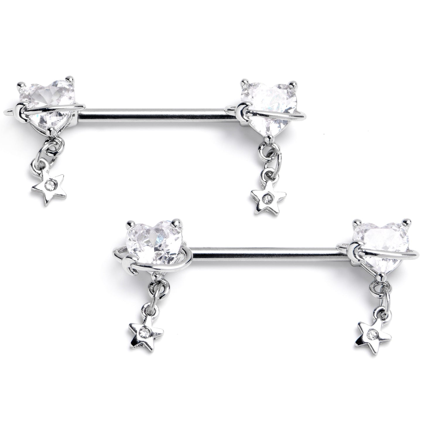 14G 9/16 Clear CZ Heart Starry Saturn Dangle Nipple Ring Set