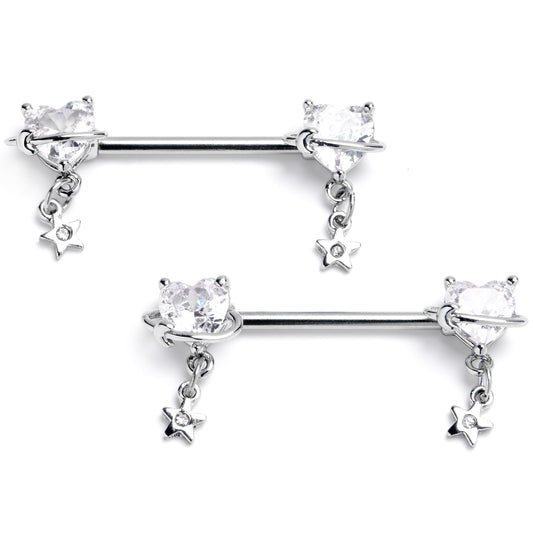 14G 9/16 Clear CZ Heart Starry Saturn Dangle Nipple Ring Set